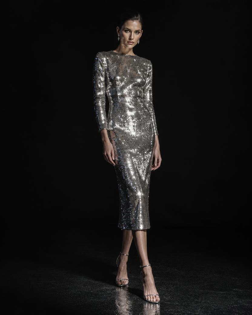 Silver Sequin Long Sleeve Midi in Silver