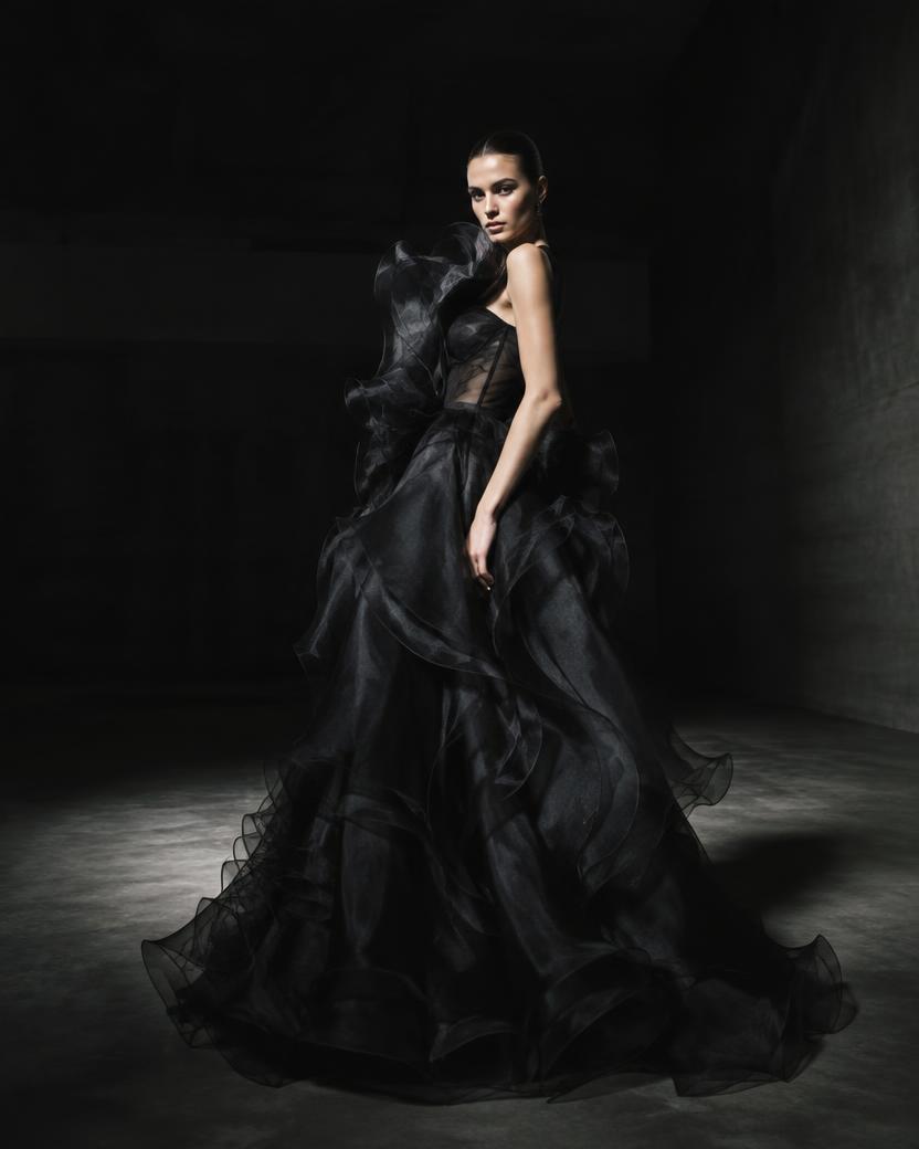 Sculptural Organza Ruffle Gown in Black