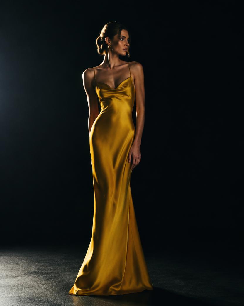 Mustard Satin Bias Gown in Mustard