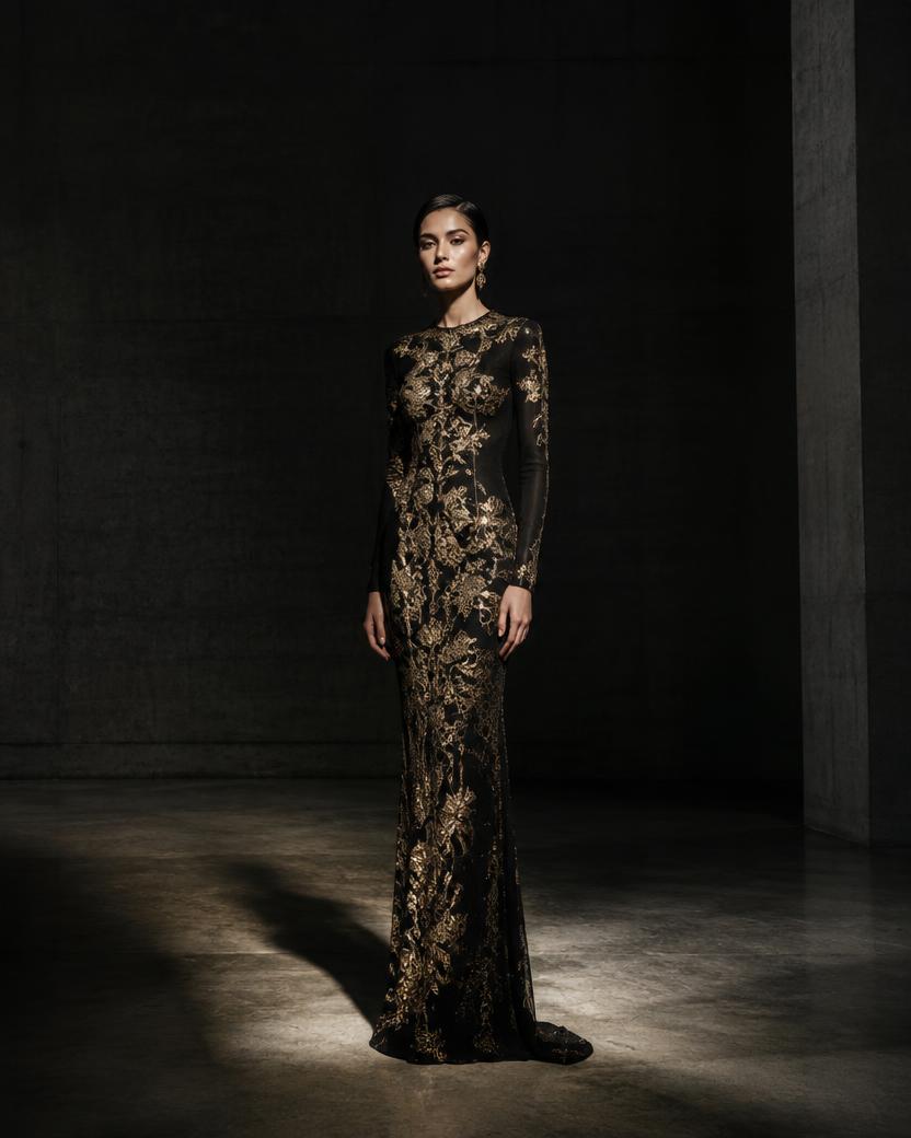 Gold Embroidered Column Gown in Black & Gold