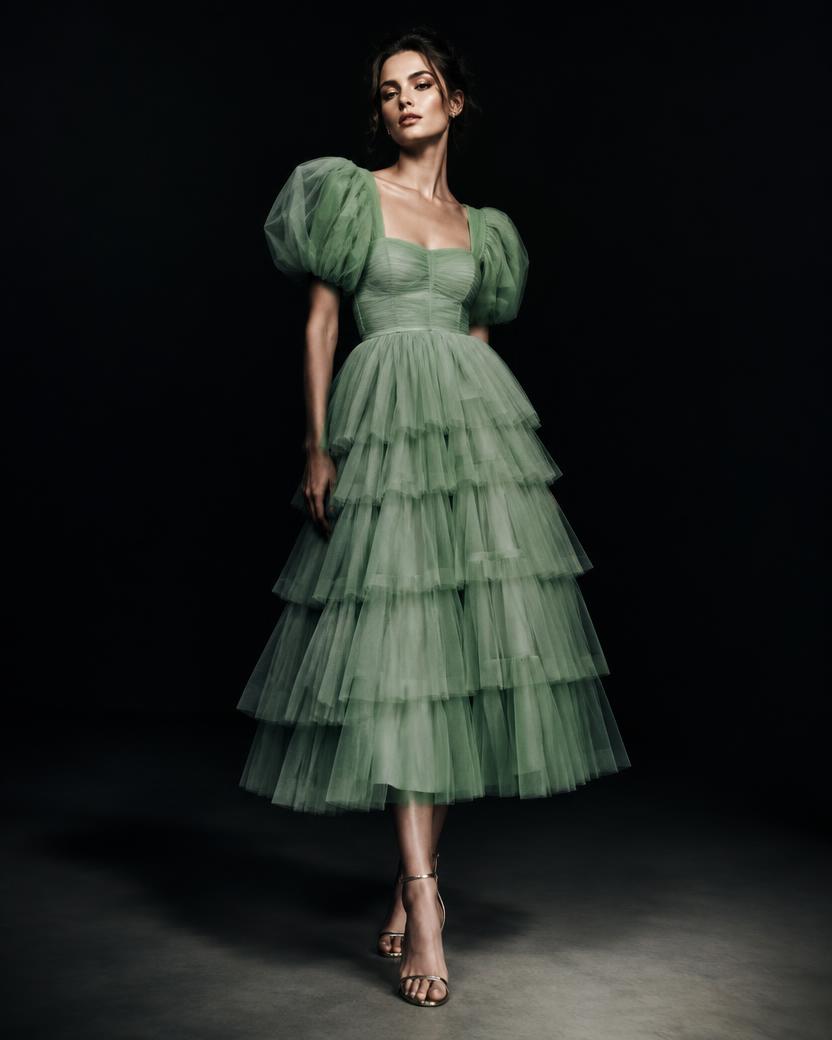 Mint Tiered Tulle Puff Sleeve Midi in Mint