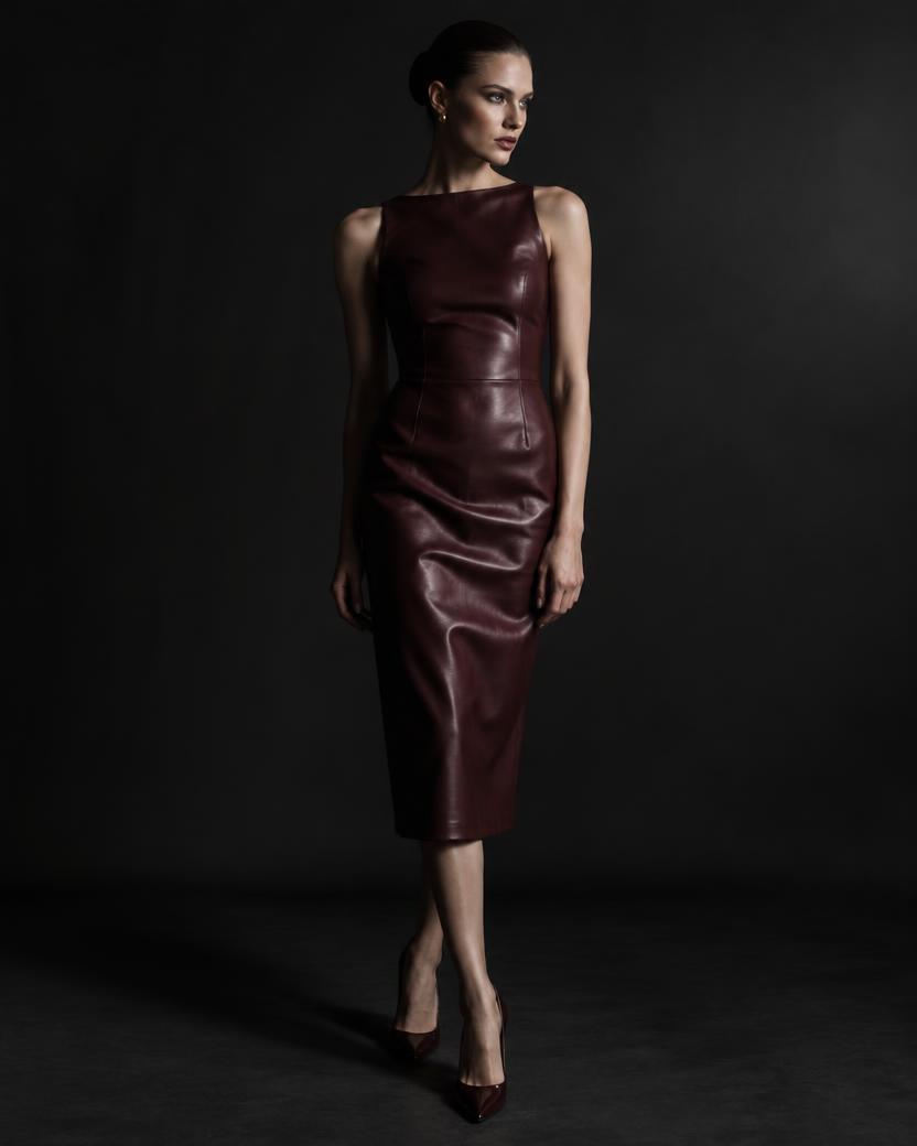 Oxblood Leather-Look Sheath Midi in Oxblood