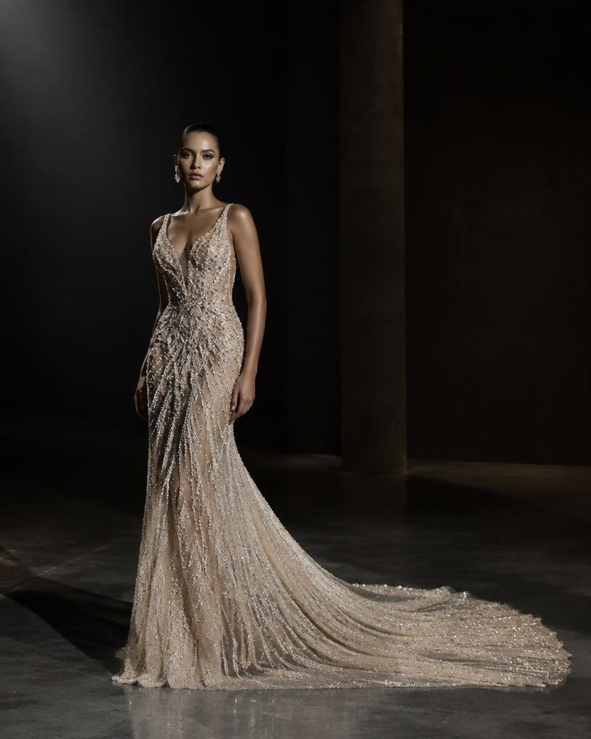 Crystal Couture Train Gown in Champagne