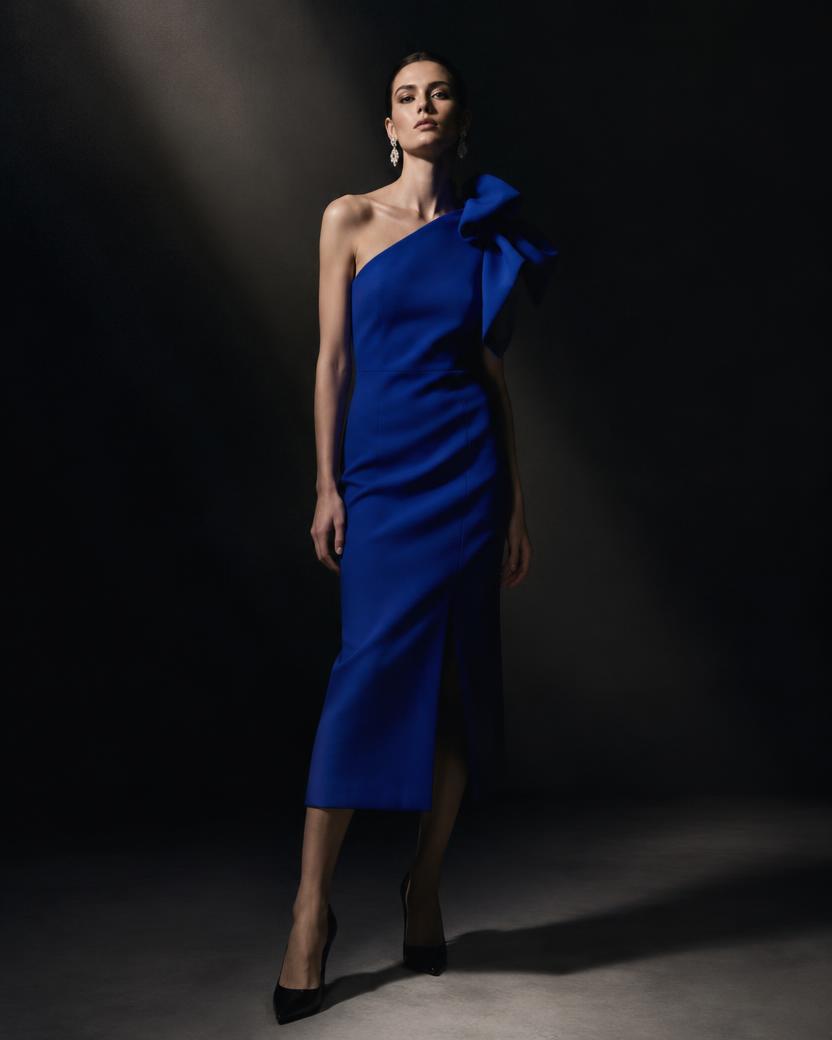 Cobalt Bow One Shoulder Midi